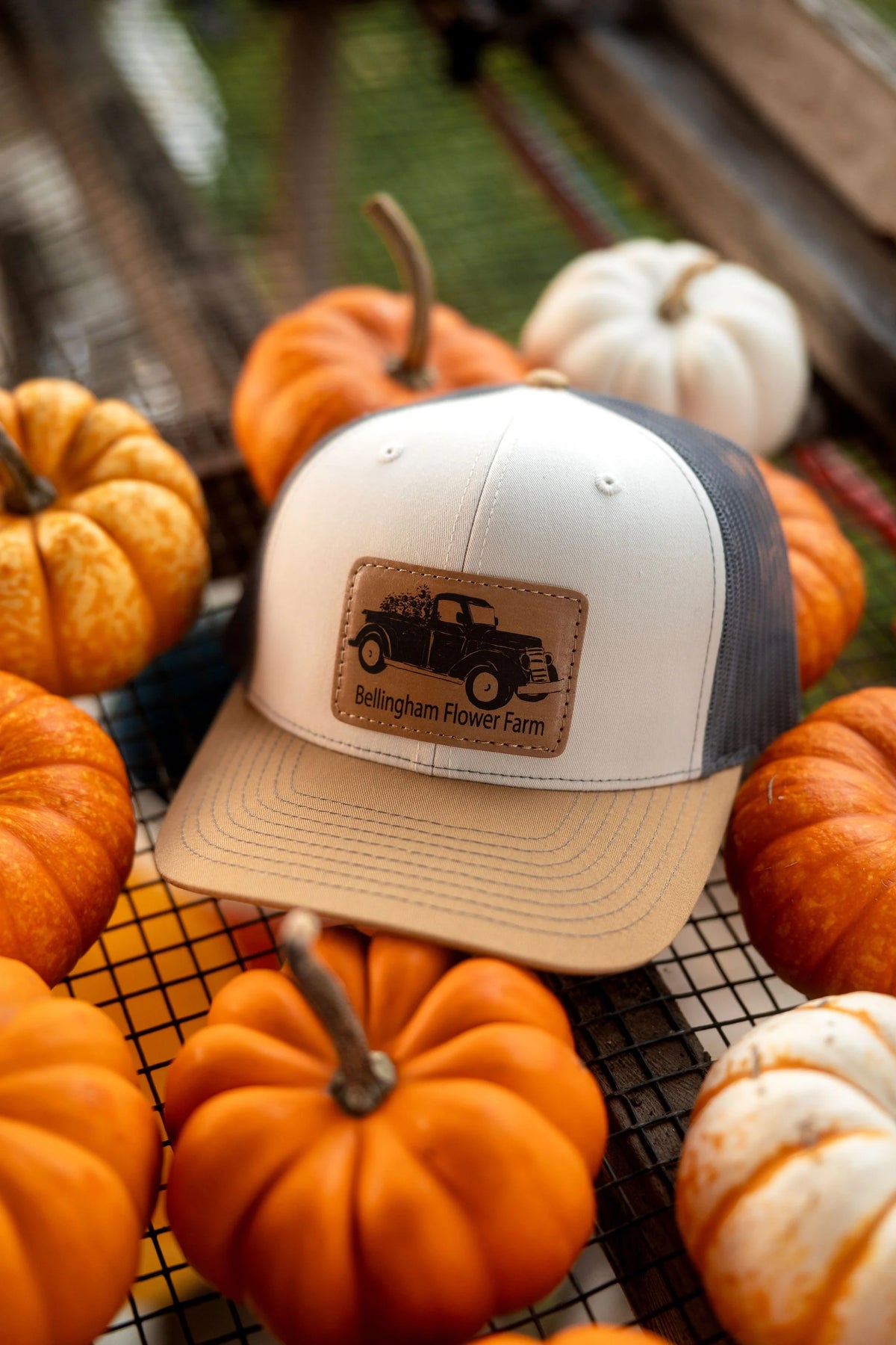 Leather Patch Trucker Hat, Bellingham Flower Farm merchandise, alternate view