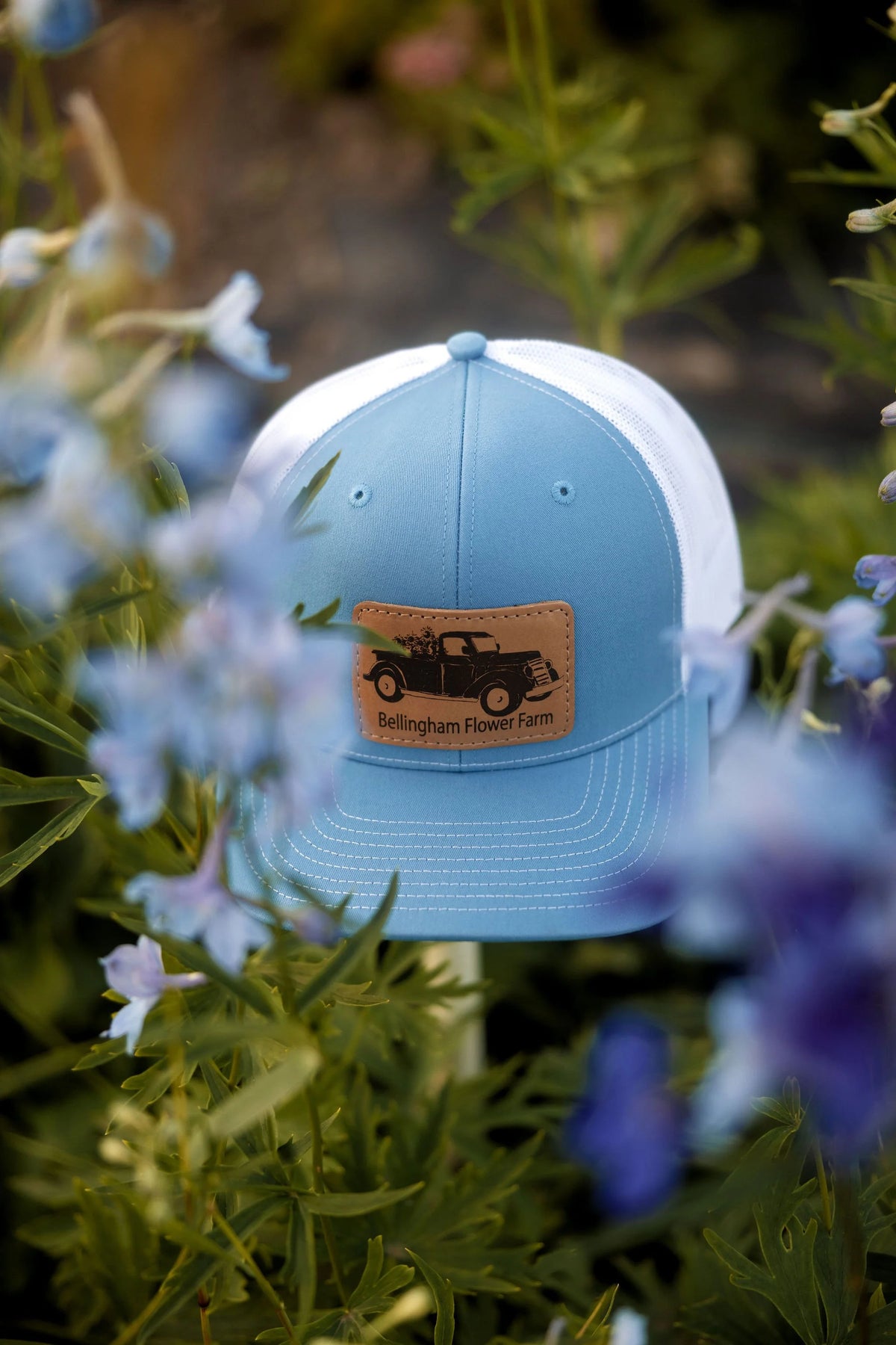 Leather Patch Trucker Hat, Bellingham Flower Farm merchandise, additional photo