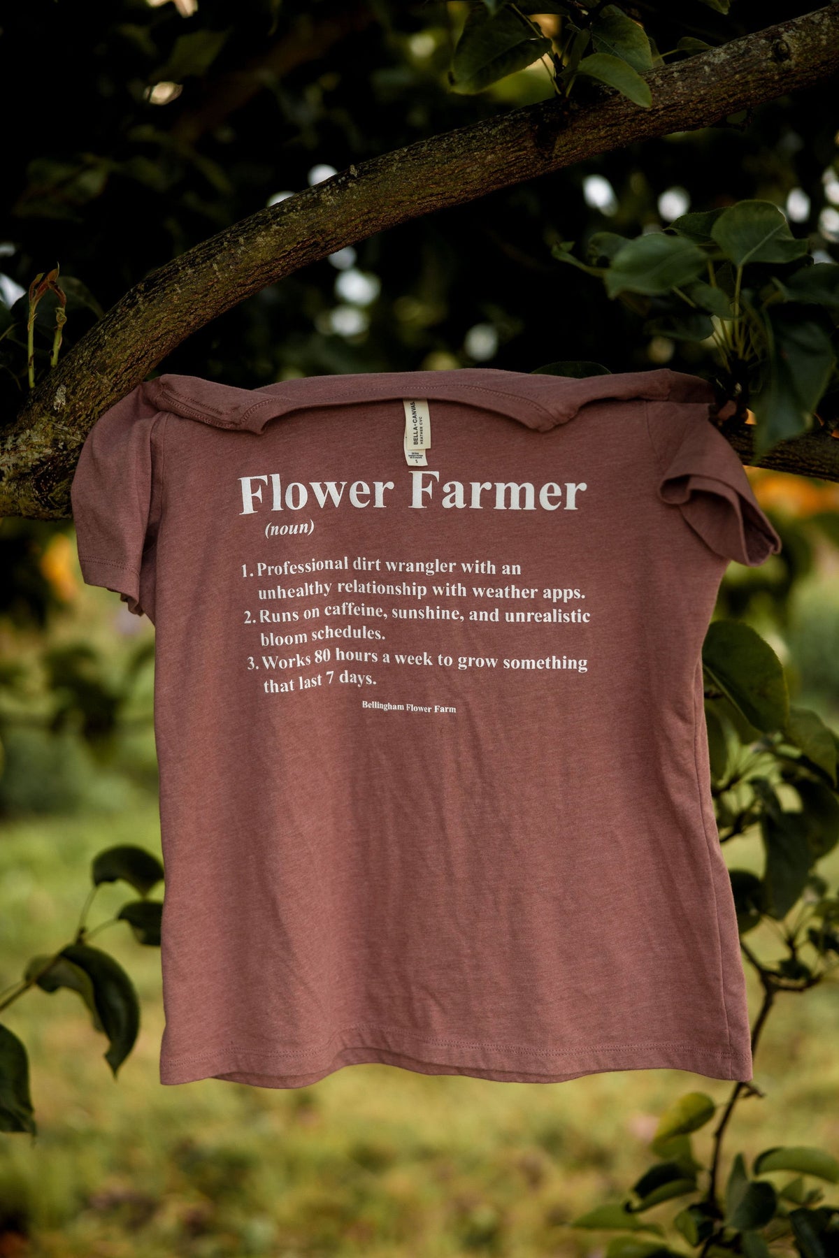 Flower Farmer T-Shirt, Bellingham Flower Farm merchandise, detail view